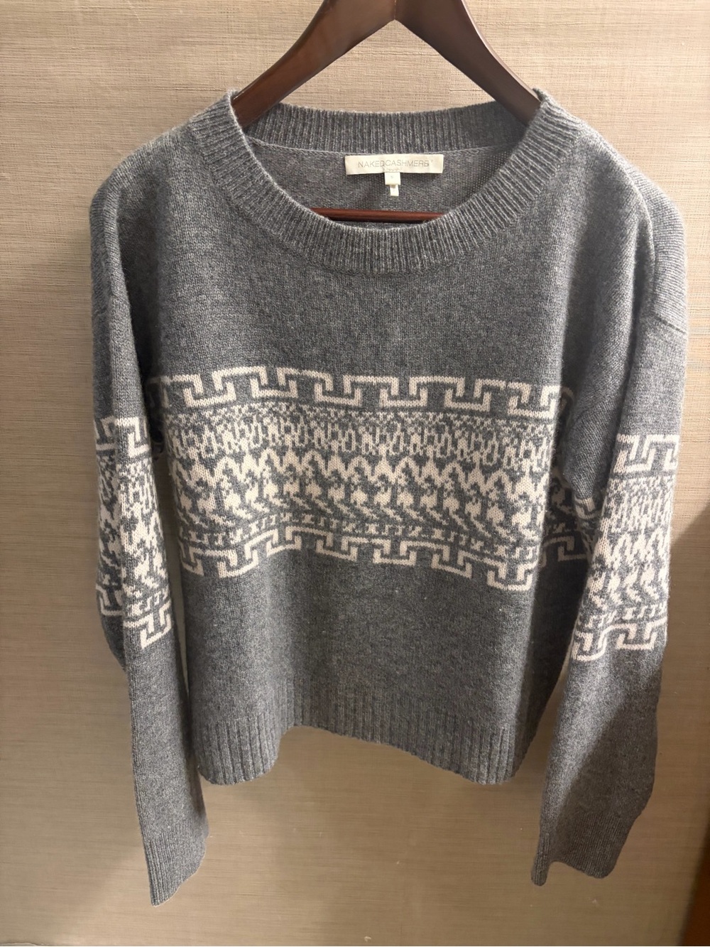 NakedCashmere Gray cashmere Crewneck Sweater with White Fair Isle Band - Picture 2 of 8